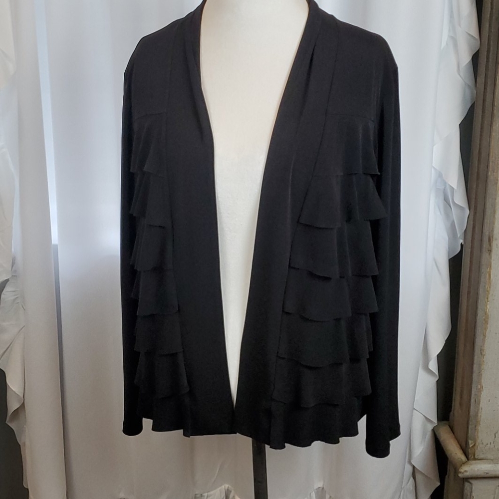 T.  Milano Woman opened front black ruffled cardigan in a size 14W